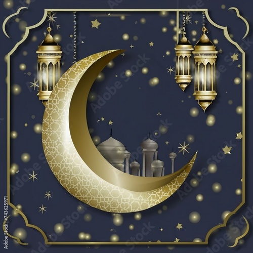 Islamic Greeting Cards for Muslim Holidays and Ramadan, Ramadan Kareem backdrop banner Gold lantern and moon on a blue banner photo