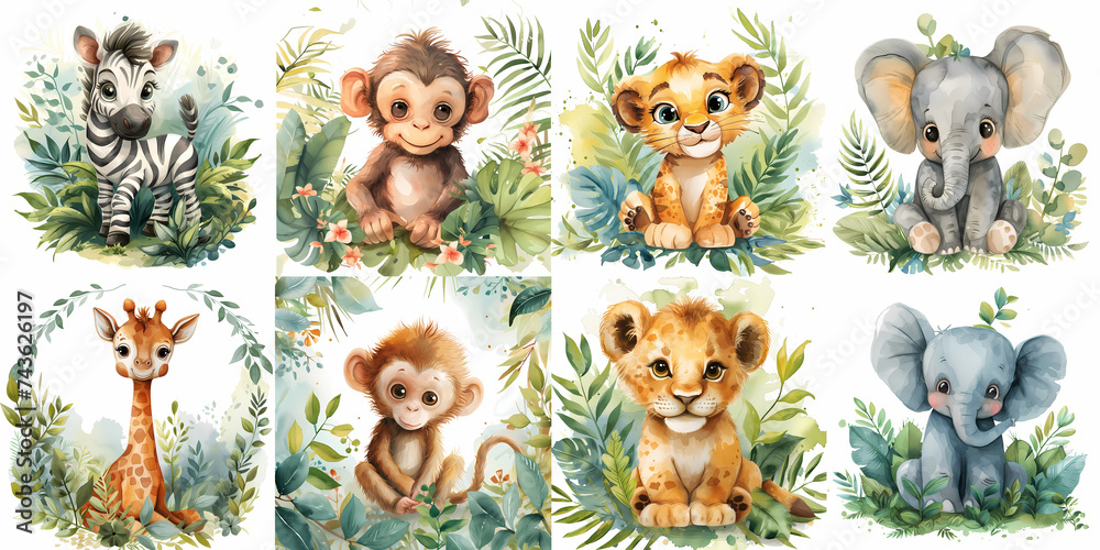 cute baby jungle, safari animals illustration clipart isolated on background, generated ai - obrazy, fototapety, plakaty 