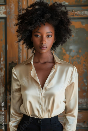 Woman wearing a fashionable silk satin shirt blouse