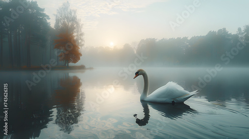 A graceful swan  with serene lake waters as the background  during a misty morning