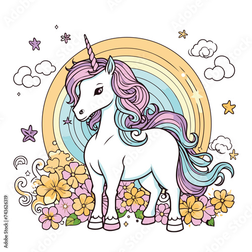 Unicorn with rainbow and flowers. Hand drawn vector illustration.