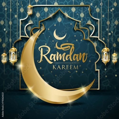Islamic Greeting Cards for Muslim Holidays and Ramadan, Ramadan Kareem backdrop banner Gold lantern and moon on a blue banner