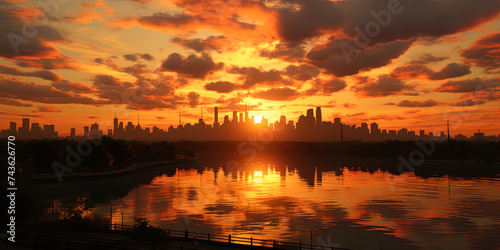 The golden rays of sunset permeate the city silhouette line  creating an atmosphere of magic and