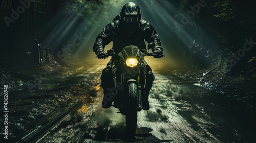The motorcycle, shrouded in the haze of the night fog, stands on the wet road, like a mysterio photo