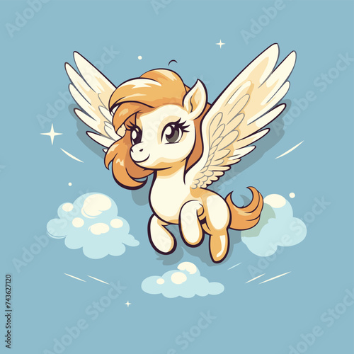 Cute cartoon unicorn with wings flying in the sky. Vector illustration.