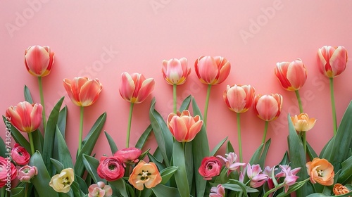 Spring floral composition made of fresh colorful flowers on light pastel background