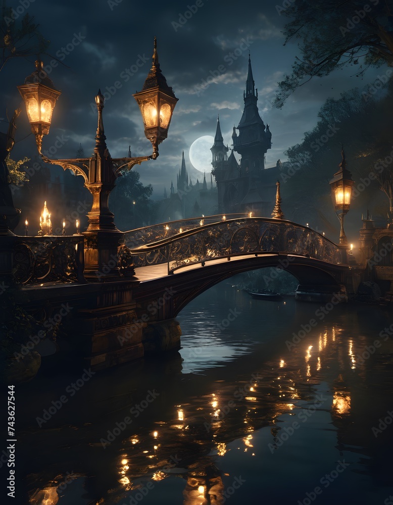 A bridge spans over the river with a majestic castle in the background under the full moon in the sky, creating a picturesque night scene