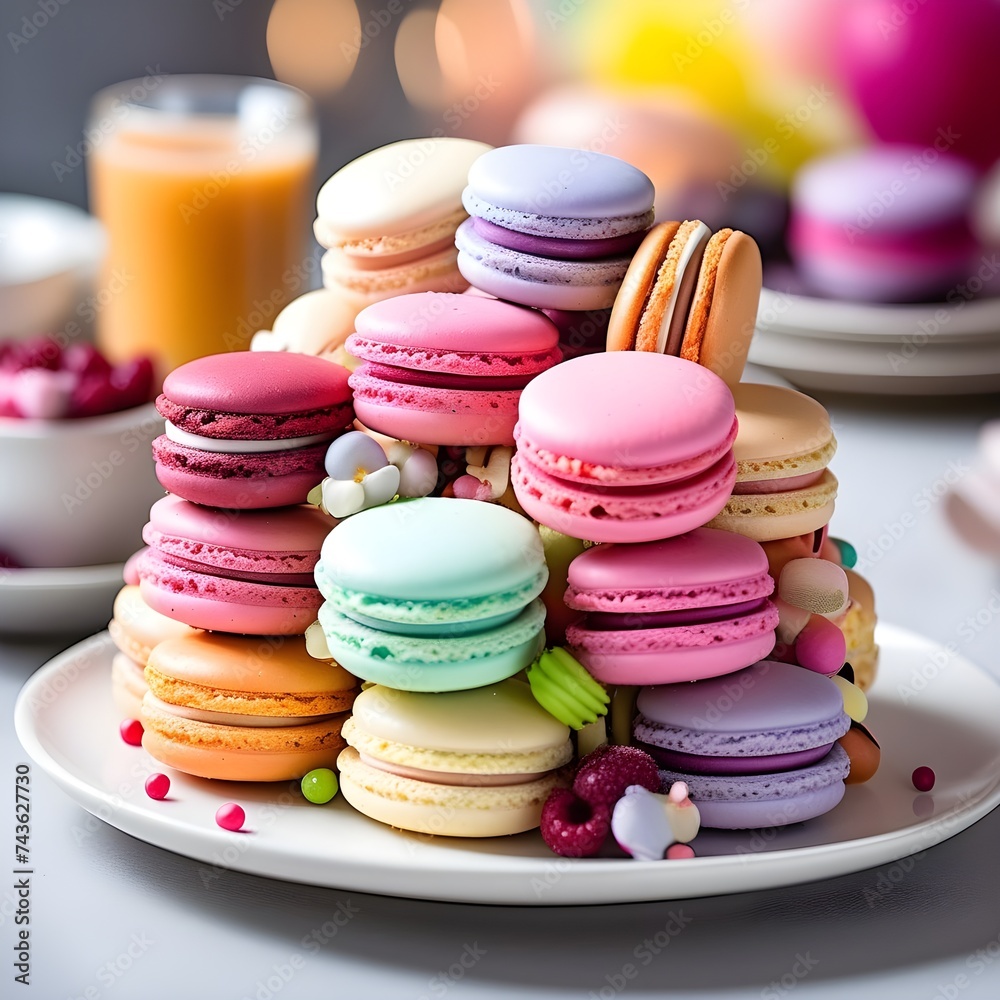 colorful macaroons in a plate, on a birthday party table
