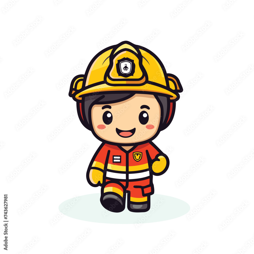 Cute fireman cartoon character. Vector illustration. Cute cartoon firefighter.