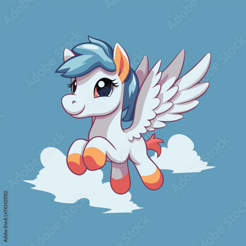 Cute cartoon unicorn with wings flying on clouds. Vector illustration.