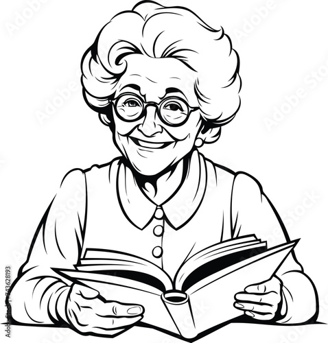 Grandmother Reading a Book - Black and White Cartoon Illustration. Vector