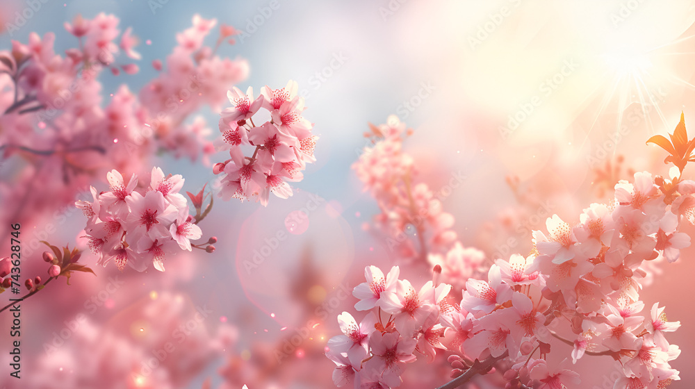 beautiful cosmos flower field, Beautiful spring nature scene with pink blooming tree, Spring flowers. Beautiful orchard, Generative Ai