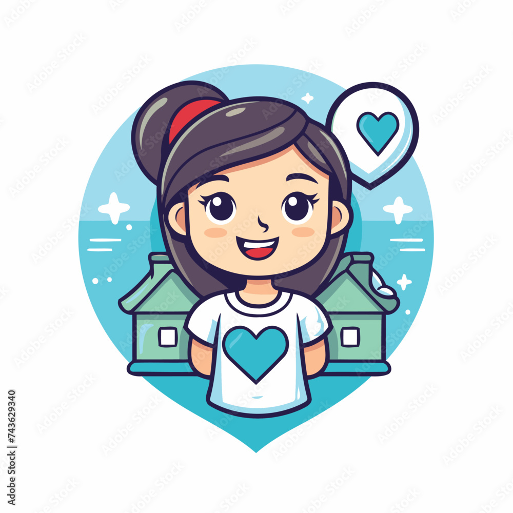 Cute little girl with heart and house. Vector character illustration.