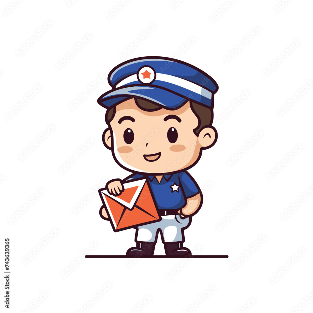 Postman with letter. Cute cartoon character. Vector illustration.