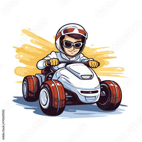 Funny karting boy riding a race car. Vector illustration.