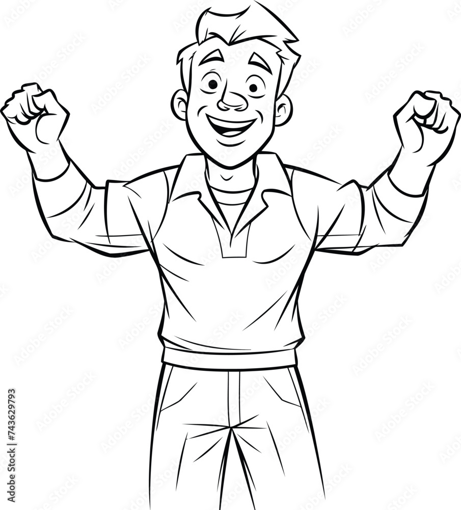 Black and White Cartoon Illustration of a Happy Man Celebrating Success