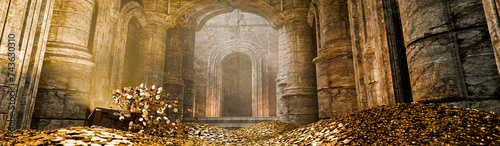 Treasury hall. treasure trove of gold coins And chests and treasure boxes pile up. Treasuries, kingdoms and castles. The concept of finding lost ancient treasures. 3d rendering image..