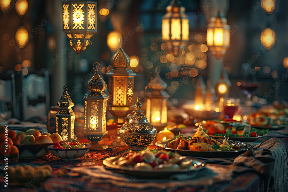 ramadan food mosque background. a dinner at the mosque over dinner plates and lanterns. ramadan kareem holiday celebration concept
