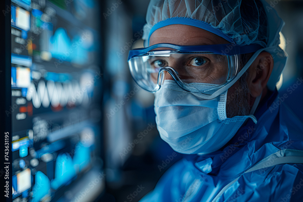 Close-up doctor working in operating room with modern computer Close-up doctor working in operating room with modern computer