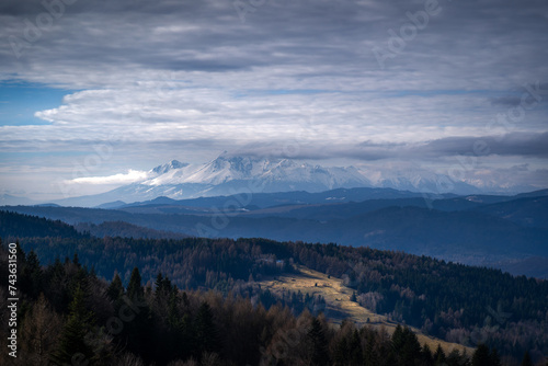 Fototapeta Naklejka Na Ścianę i Meble -  Panorama High Tatra Mountains in early spring, view from Wierchomla, Beskid Sadecki, Poland.