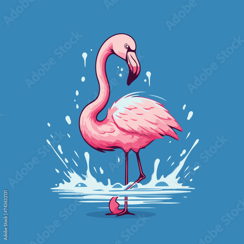 Pink flamingo on a blue background with splashes of water.