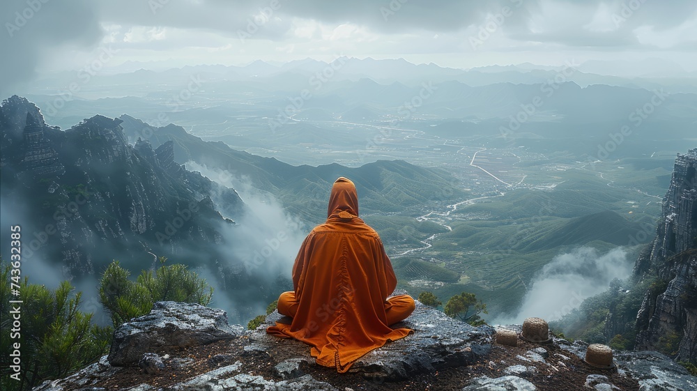 A Zen monk sits in serene meditation on a mountain A Zen monk sits in serene meditation on a mountain