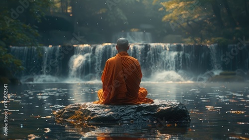 A Zen monk sits in serene meditation on a mountain © bannafarsai