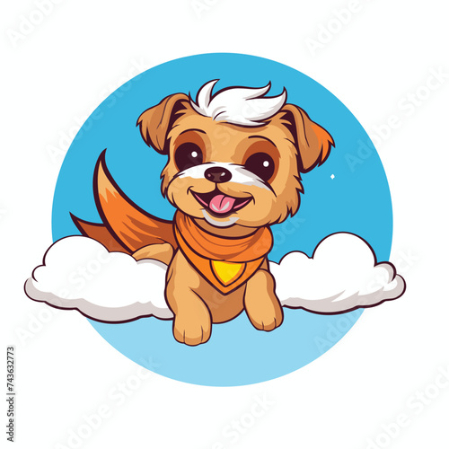 Cute cartoon dog with a scarf on a cloud. Vector illustration.