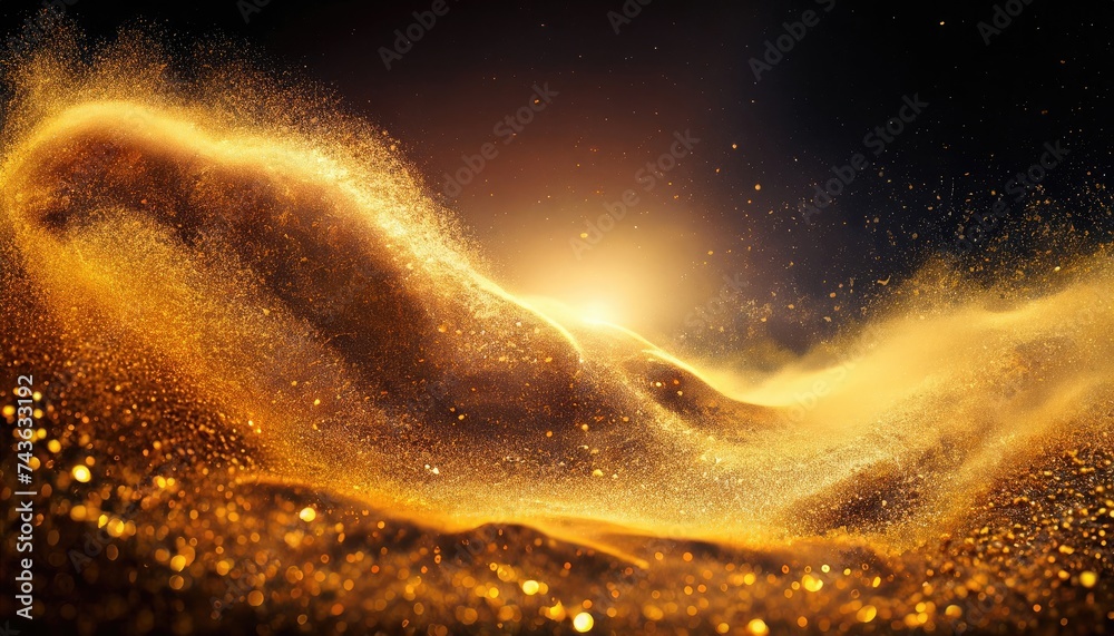 A vibrant, swirling landscape of golden dust particles, illuminated by a brilliant sun A vibrant, swirling landscape of golden dust particles, illuminated by a brilliant sun