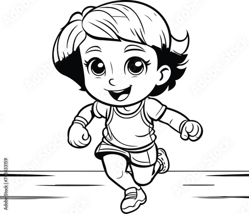 Vector illustration of a cartoon running girl. Black and white version. © Muhammad