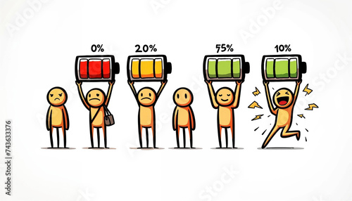Cartoon characters displaying battery life levels, with emotions ranging from sad to happy as the charge increases.