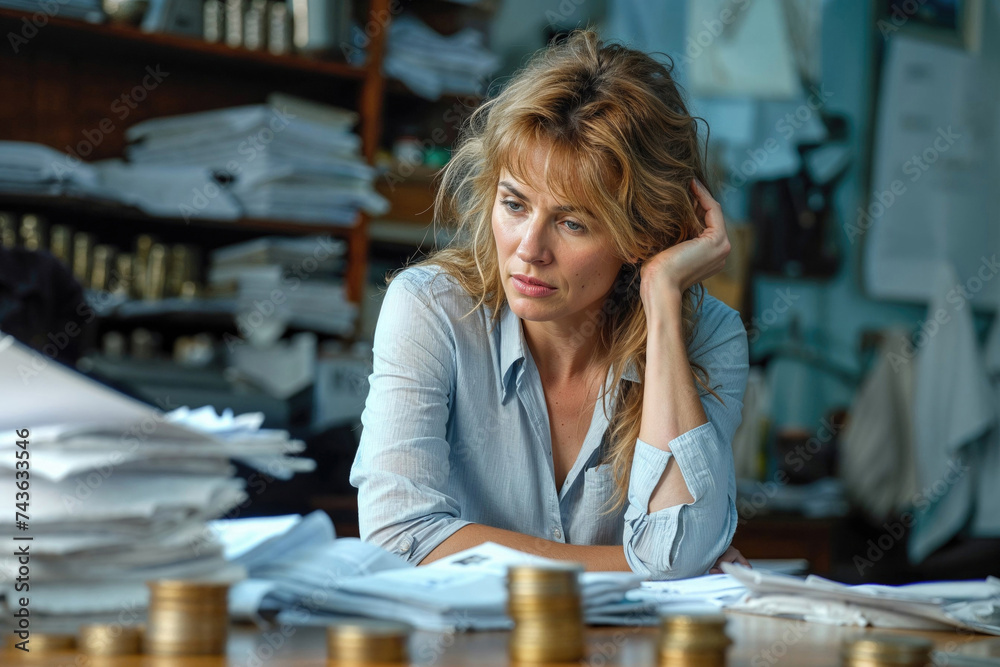 A woman at a desk with stacks of paper and coins, appearing stressed or concerned about financial planning or budgeting.