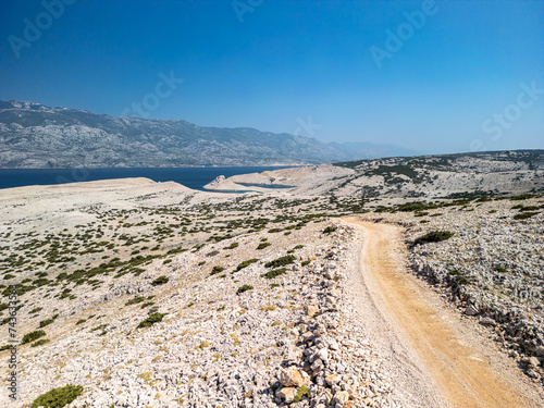 Hiking and cycling routes on the Pag Island coastline near Jadra Beach, Stara Novalja and Zigljen, Croatia and the beautiful blue Adriatic sea