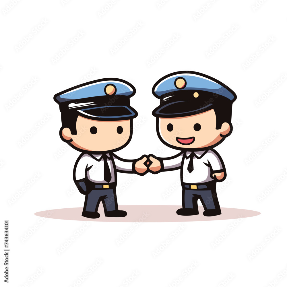 Police Handshake - Policeman and Policeman Cartoon Character Vector Illustration