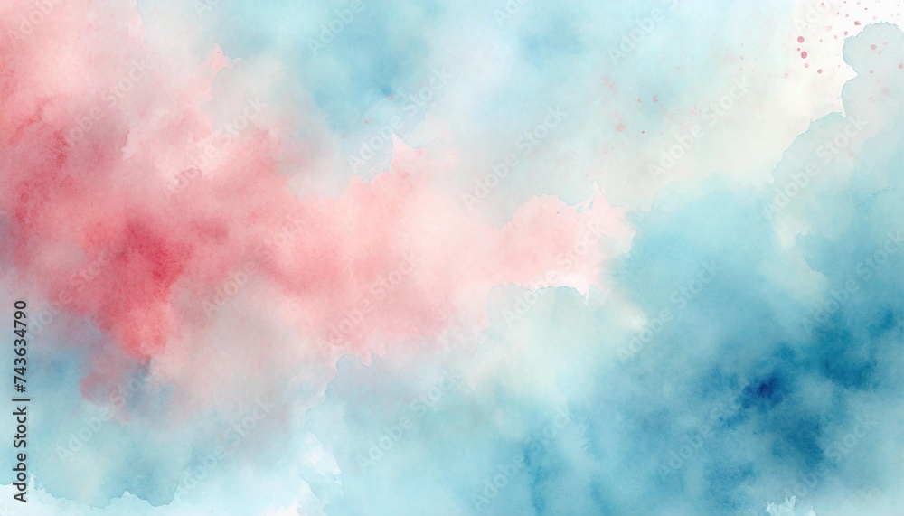 Artistic electric pink, azure, and powder blue watercolor background with abstract cloudy sky concept. Grunge abstract paint splash artwork illustration. Beautiful abstract fog cloudscape wallpaper.