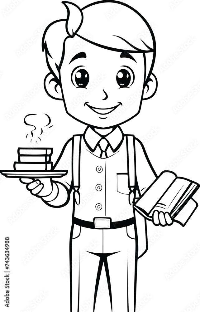 Vector illustration of a waiter holding a tray of coffee and a book