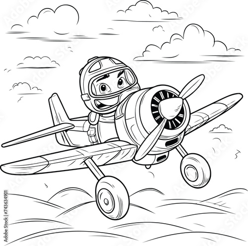 Cartoon illustration of a pilot with a propeller plane flying in the sky.