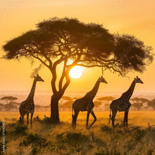 Stately giraffes grazing in the treetops of the savannah