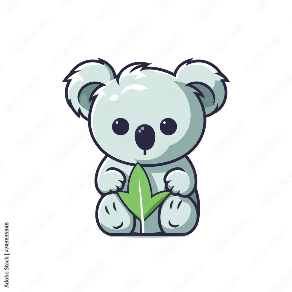 Cute cartoon koala character with green leaf. Vector illustration.