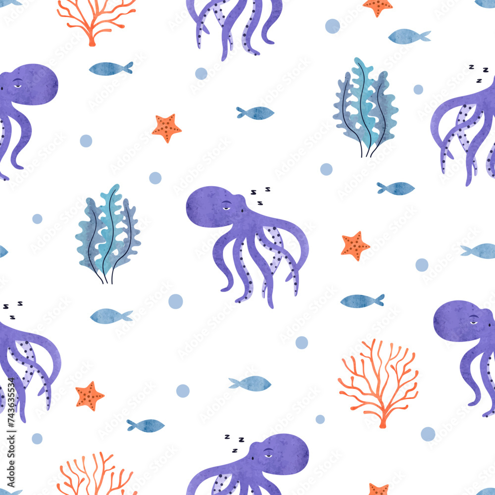 Fototapeta premium Seamless sea pattern with cute octopus, fish and seaweeds. Vector watercolor underwater illustration