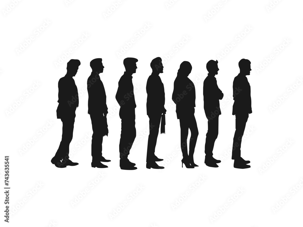 People Waiting In Line silhouette. vector silhouette people waiting. Illustration of people standing in line in perspective in black. silhouette people standing in line against white background. People Waiting In Line silhouette. vector silhouette people waiting. Illustration of people standing in line in perspective in black. silhouette people standing in line against white background.