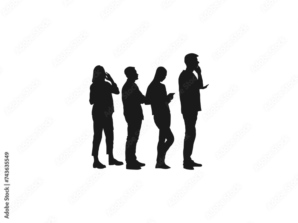 People Waiting In Line silhouette set. vector silhouette people waiting in line. people standing in line in perspective in black. silhouette people standing in line against white background.