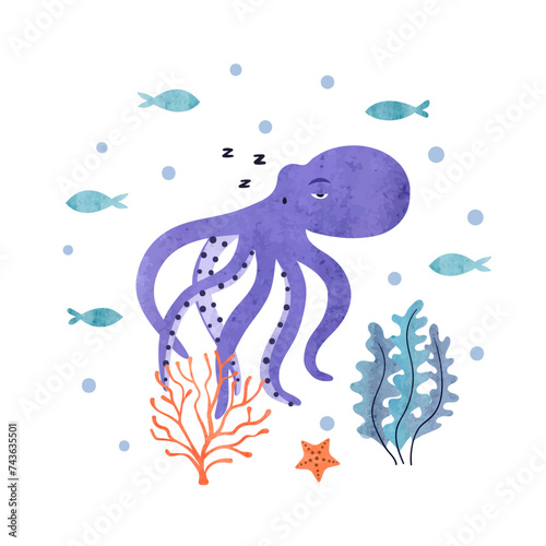 Cute sleeping octopus and fish. Marine watercolor vector illustration for kids