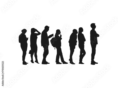 People Waiting In Line silhouette. vector silhouette graphic depicting people waiting. Illustration of crowd of people standing in line in perspective in black and white isolated on white background.