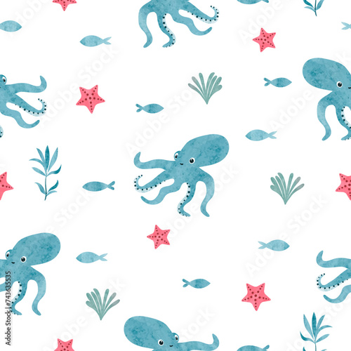 Seamless sea pattern with cute octopus, fish and seaweeds. Vector watercolor ocean illustration