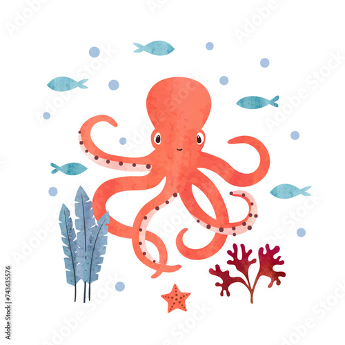 Cute baby octopus vector illustration. Marine watercolor poster, print for kids