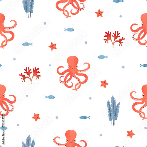 Seamless marine pattern with cute octopus, fish and seaweeds. Vector watercolor sea illustration