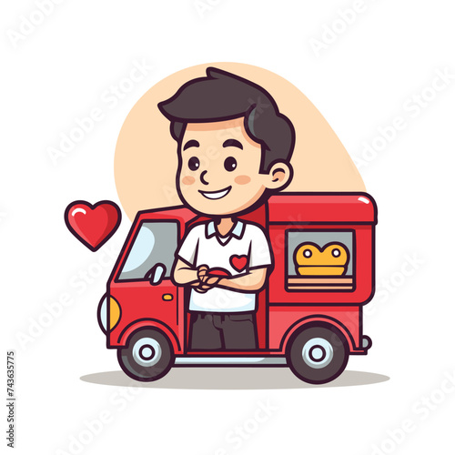 Cute boy driving a car with food truck. Vector illustration.