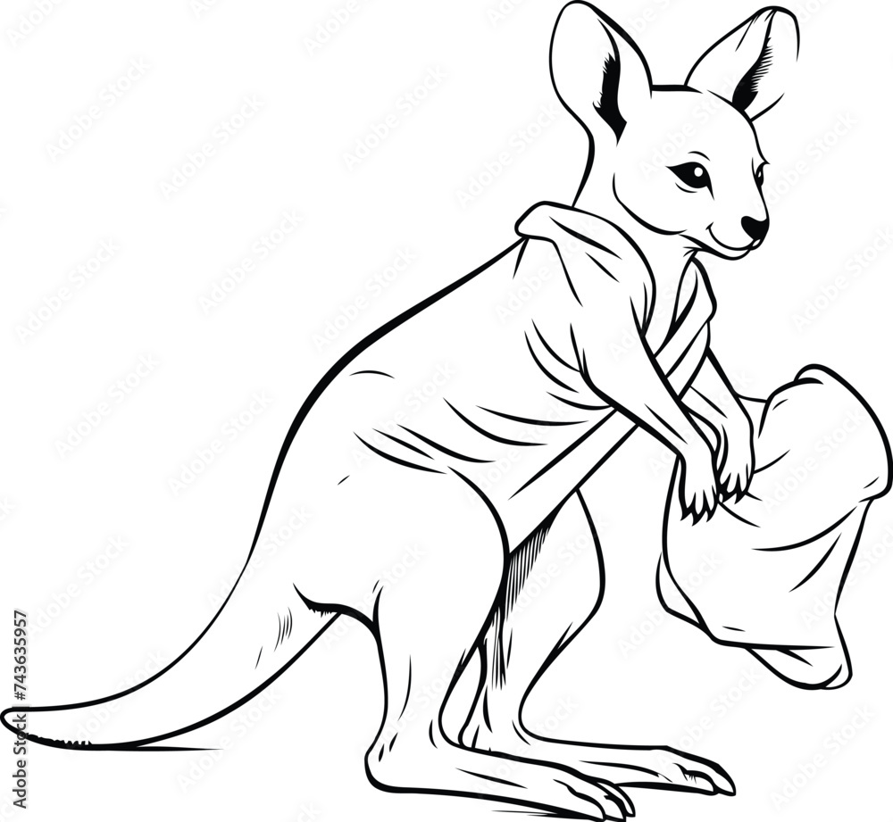 Kangaroo with a bag of food. Black and white vector illustration.