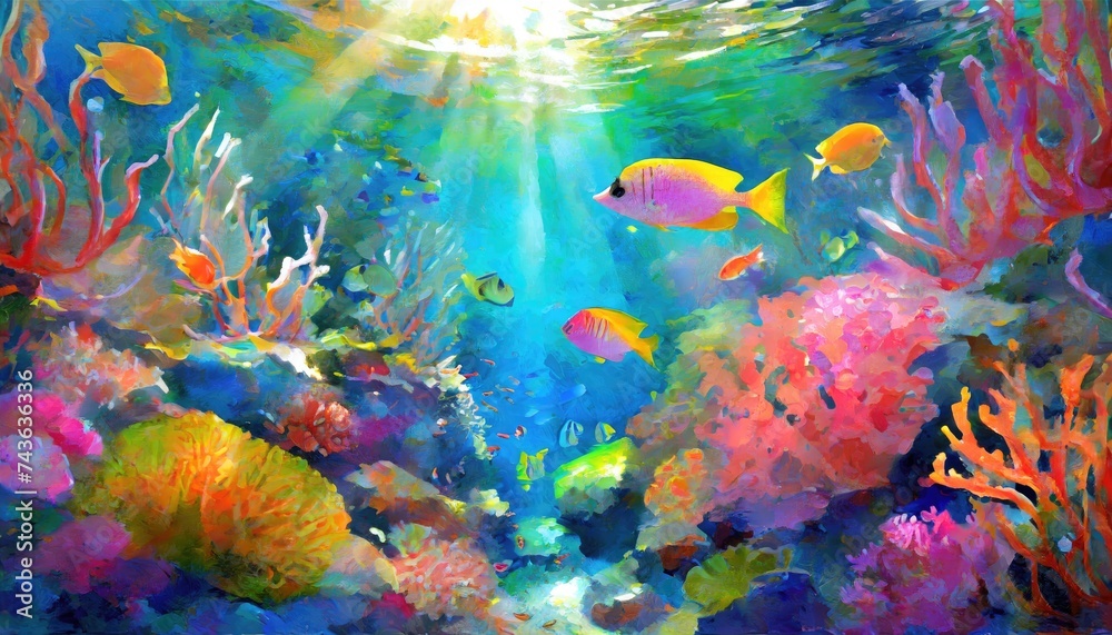 Vibrant Art painting of coral reef with fish and corals in Azure and Purple hues